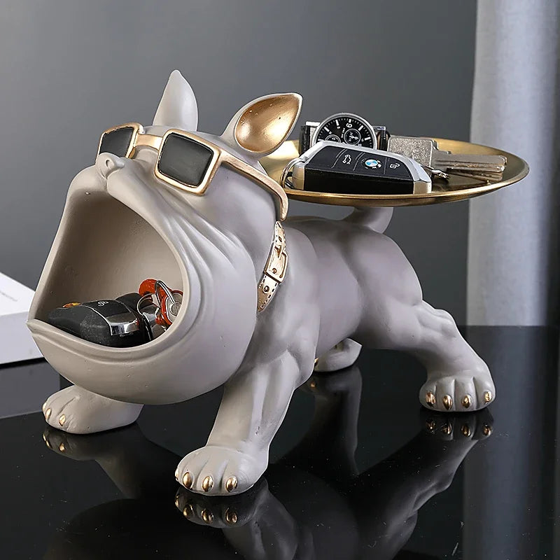 Figurine Bouledogue En Résine Avec Plateau Décor Maison