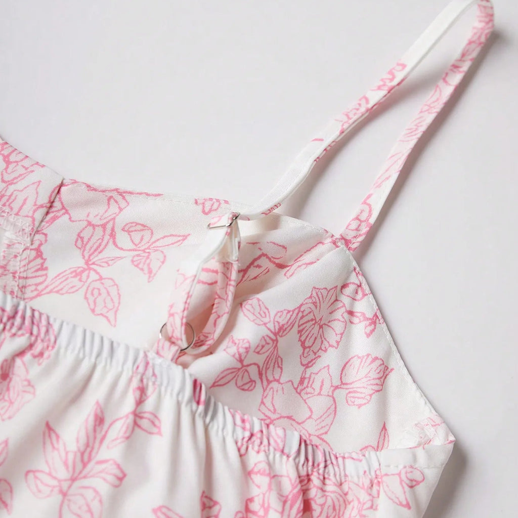 Robe longue florale à bretelles spaghetti, imprimé floral rose sur fond blanc, coupe évasée, LSDLBoutique