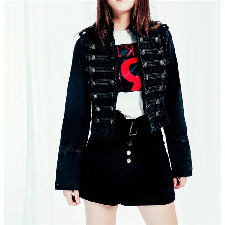 Yipn Veste Jean Courte Noir Fendue À Boutons Multiples