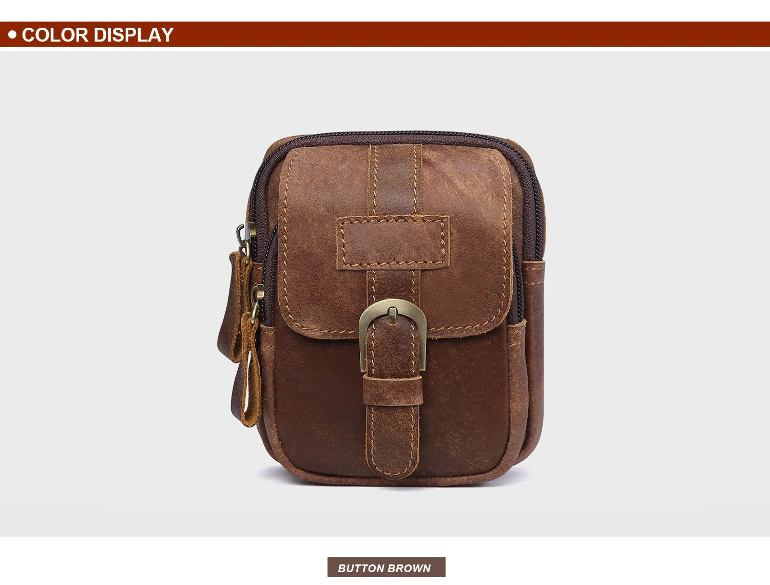 Sac de Taille en Cuir Brun avec Deux Compartiments et Fermeture Éclair