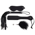 Ensemble bondage 4 pièces noir en cuir synthétique: masque, fouet, plume et accessoires