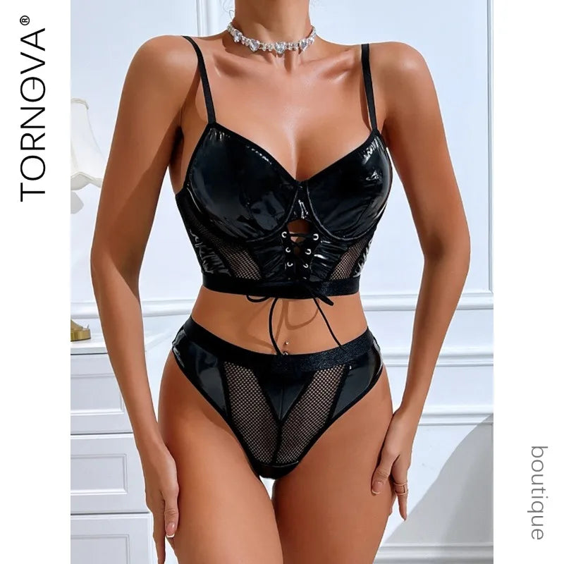 Tornova Lingerie Bustier Et Culotte Noire Patchwork PU Lacets Maille