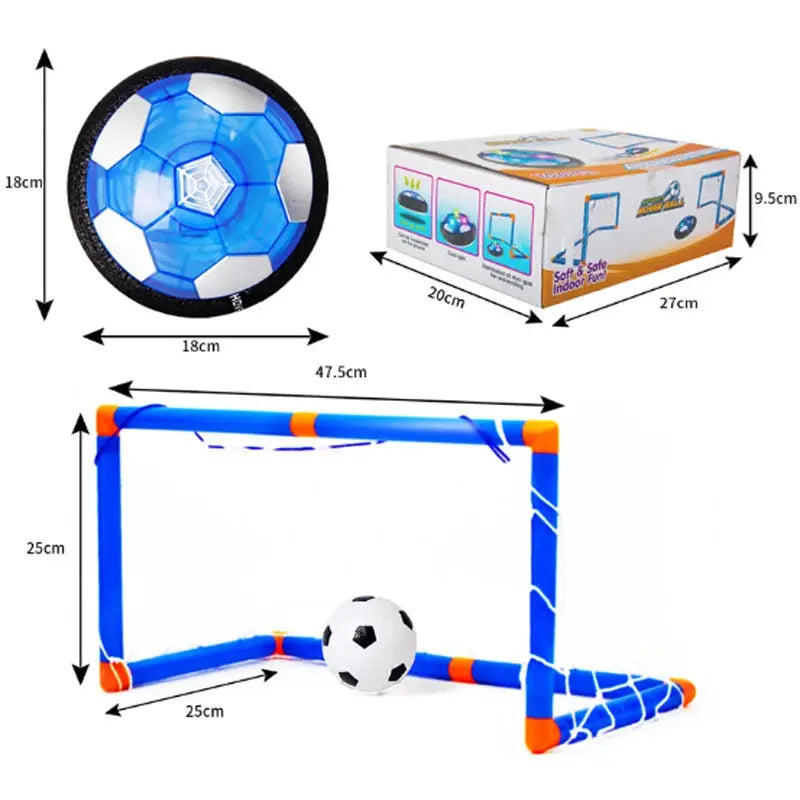 Ballon de football électrique rechargeable et mini but d'intérieur, jouet enfant bleu et blanc avec cadre bleu et orange.