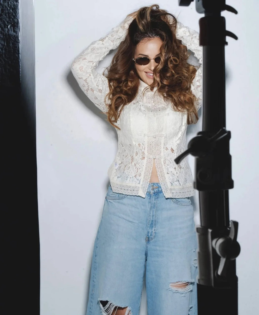 Tossy Chemise Dentelle Imprimée Transparente Écru Manches Longues