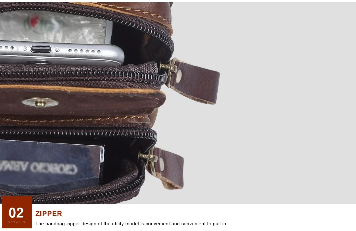 Sac de Taille en Cuir Brun avec Deux Compartiments et Fermeture Éclair