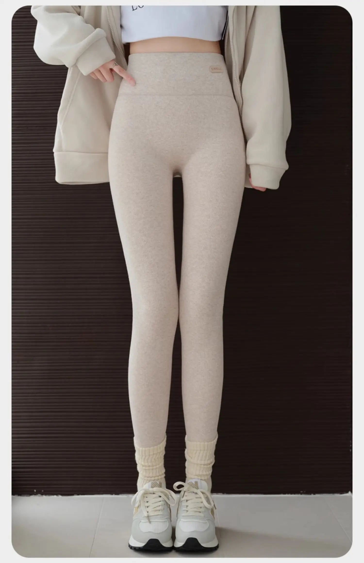 Leggings Femme Coton Spandex Polaire Gris Taille Haute