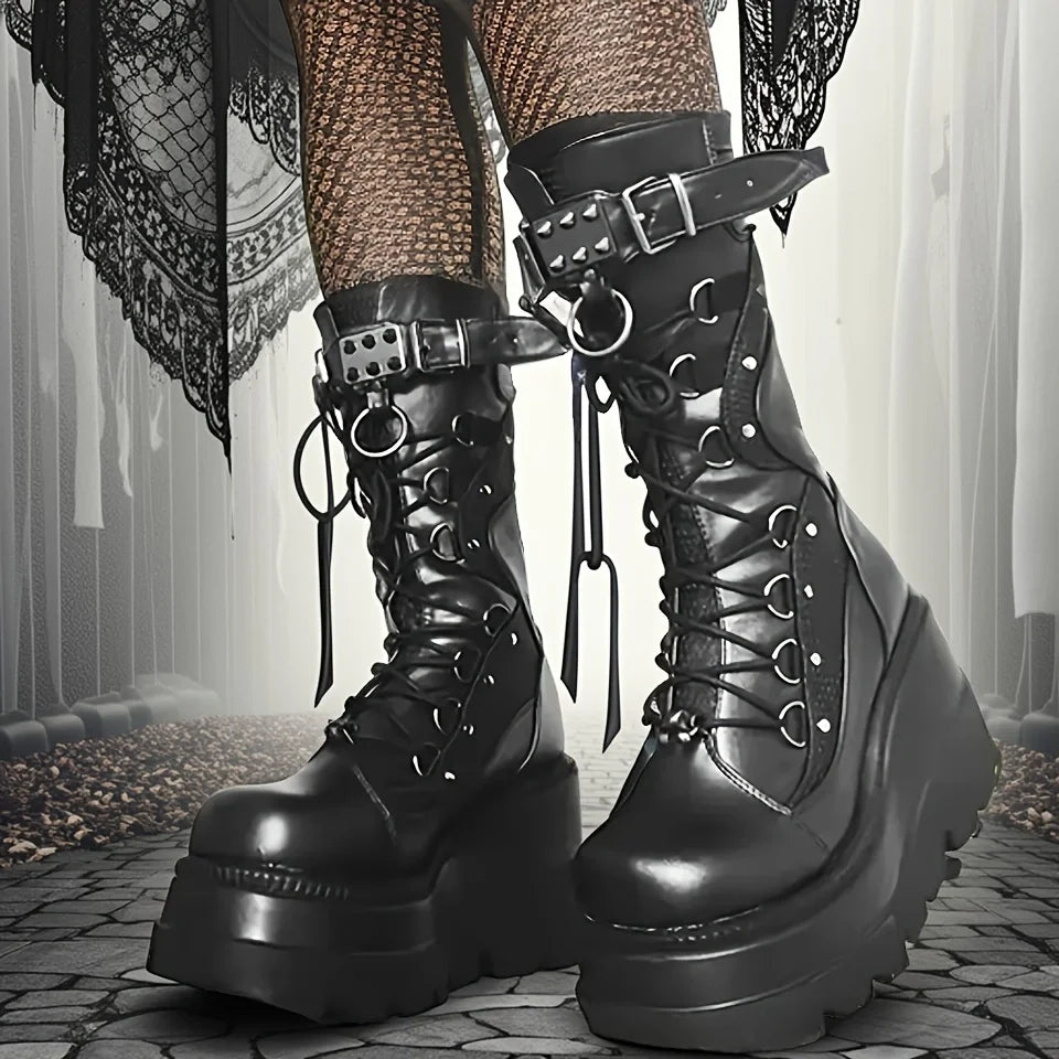Bottes à Plateforme Noires Boucles à Rivets Punk Gothiques Mat