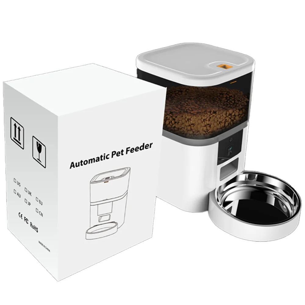 Distributeur automatique pour chat, grand réservoir 4 L, blanc avec bol en acier