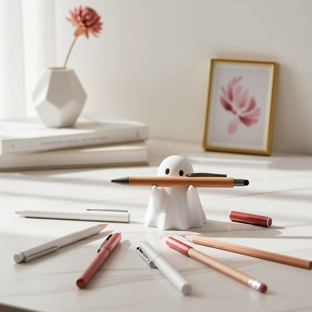 Pot à crayons fantôme – rangement bureau décoratif blanc