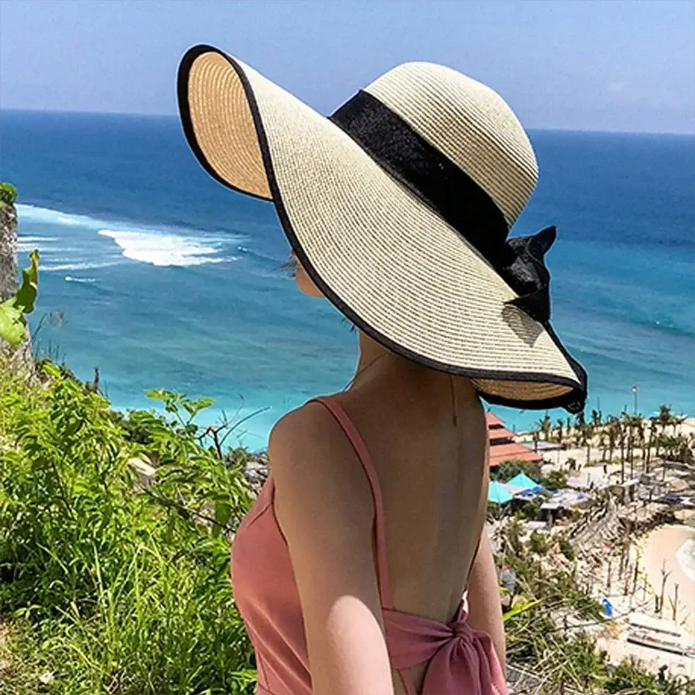 Chapeau de plage en paille à grand bord et nœud décoratif - LSDLBoutique