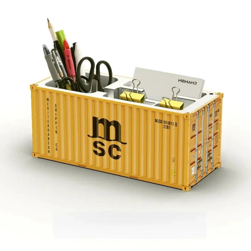 Porte-stylos en forme de conteneur maritime jaune, organisateur bureau en métal avec stylos et ciseaux.