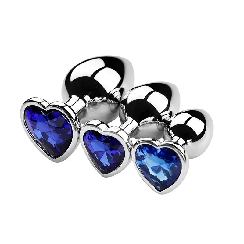 Plug anal en métal à cristaux cœur bleus – set de 3 tailles, finition argentée