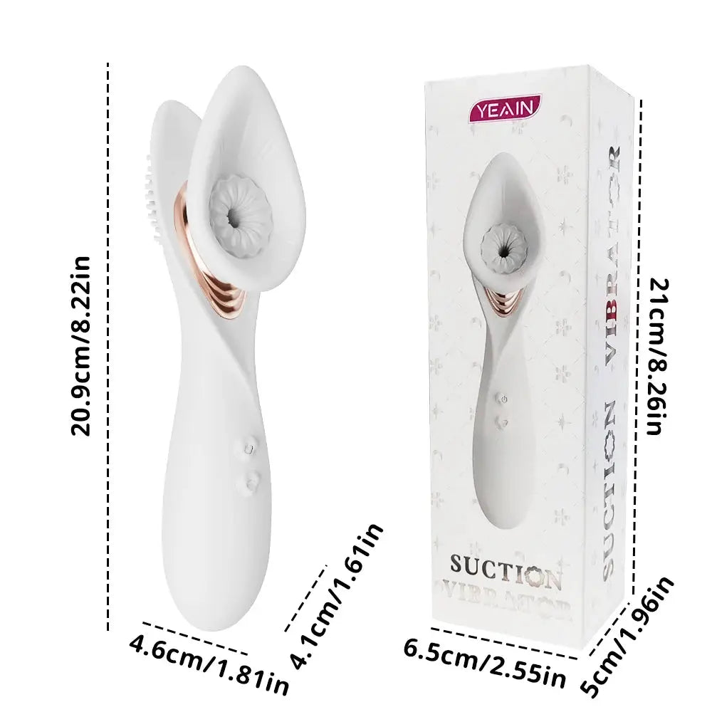 Vibromasseur à succion 2 en 1 blanc avec ventouse sous vide et finition rosée, boîte YEAIN