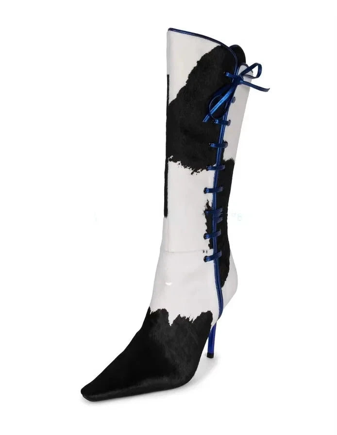 Bottes Mi-Mollet Cuir Blanc Noir Zip Latéral Bleu