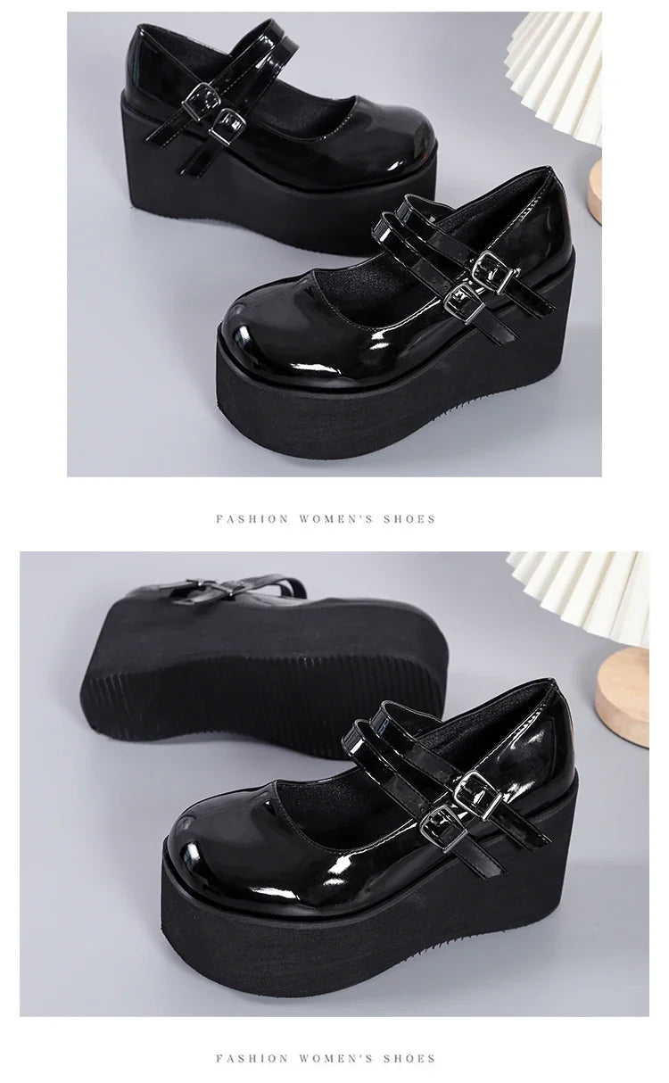 Escarpins Mary Jane Noir Verni À Plateforme Et Talon Compensé
