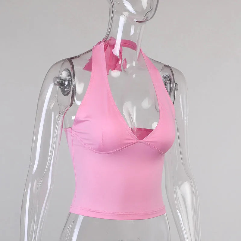 Bidijones Haut Court Dos Nu Rose Sans Manches Femme