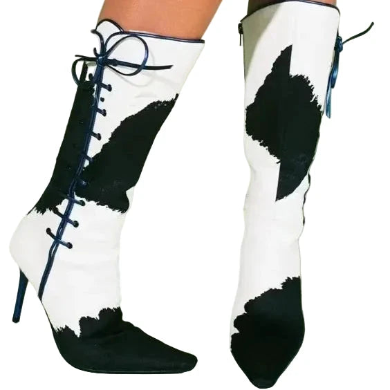 Bottes Mi-Mollet Cuir Blanc Noir Zip Latéral Bleu