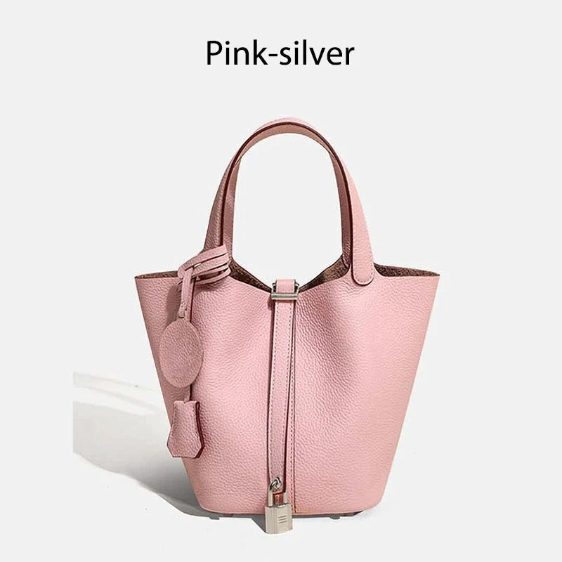 Sac à main seau en cuir véritable Mendy, rose, avec poignée et cadenas décoratif