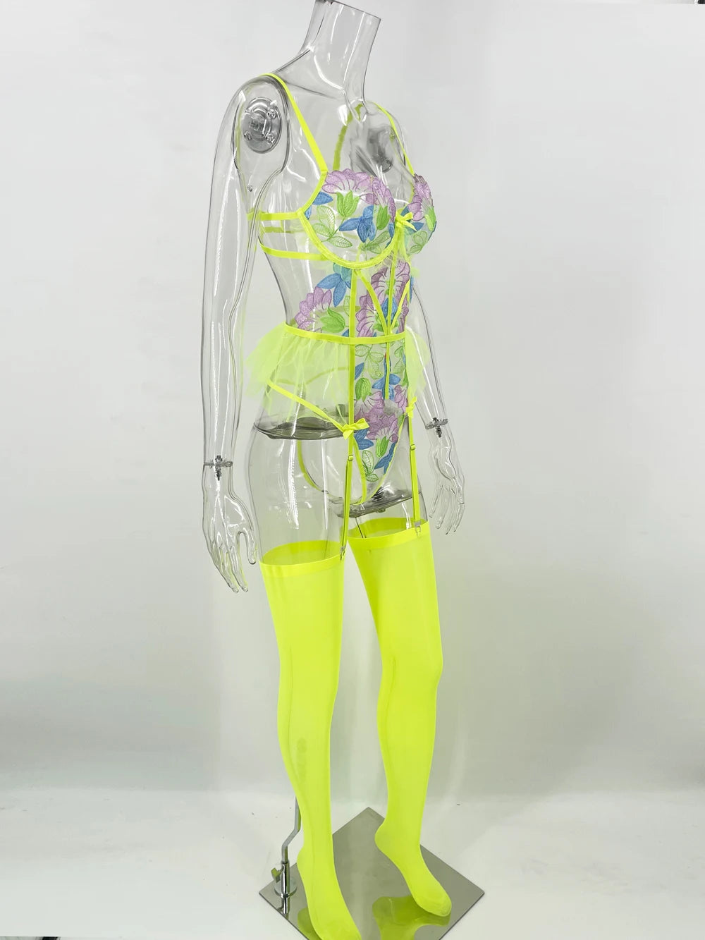 Toucheart Ensemble Lingerie Soutien-Gorge Brodé Dos Nu Jaune Néon