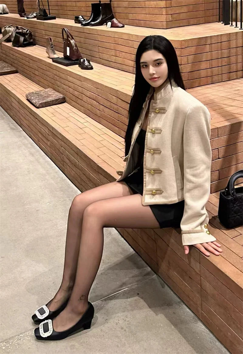 Guobioziy Veste Khaki Col Montant Napoléon Boutons