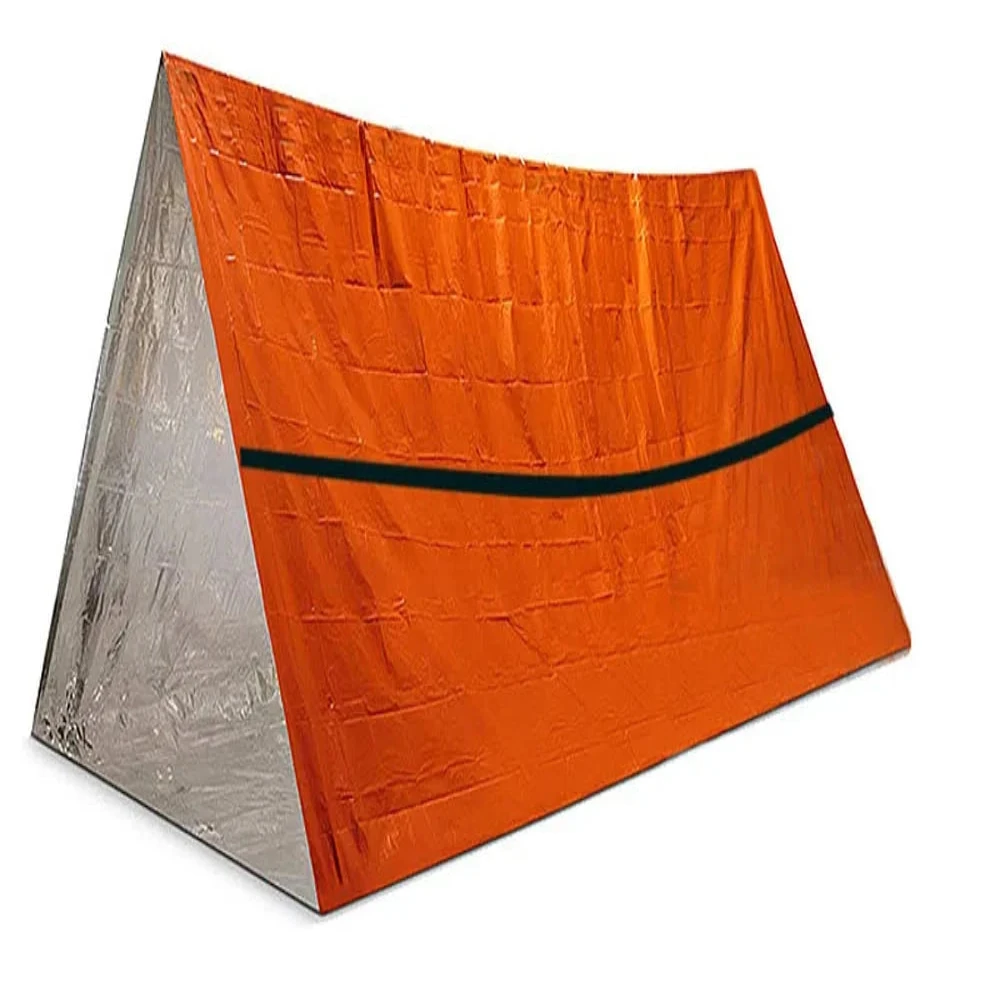 Kit de survie – Tout-en-un pour deux personnes, abri d'urgence orange avec doublure argentée.