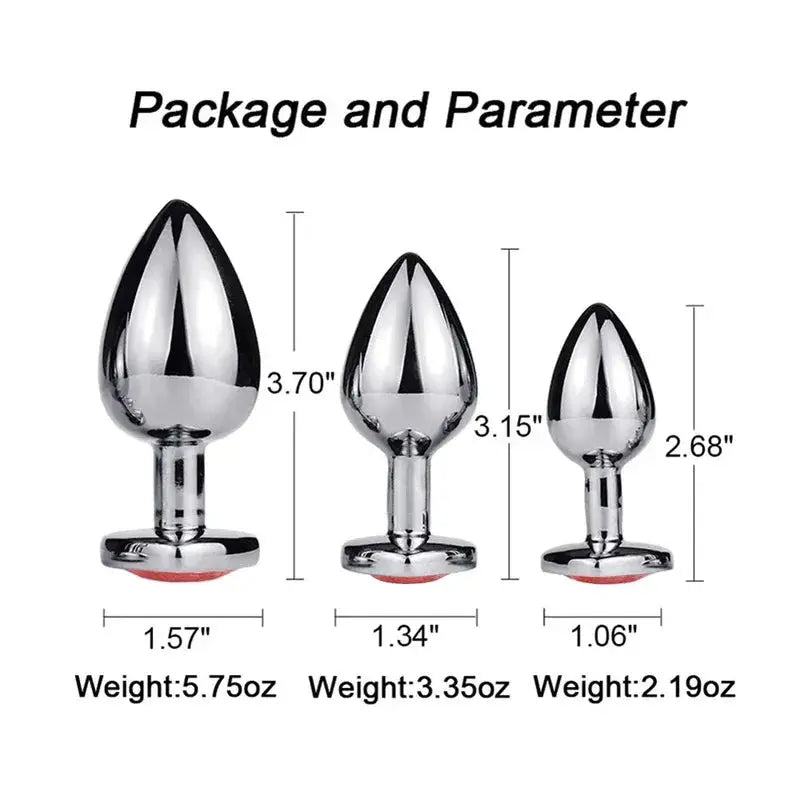 Plug anal en métal avec cristal – set de 3 tailles (LSDLBoutique), argenté, bases rouges.