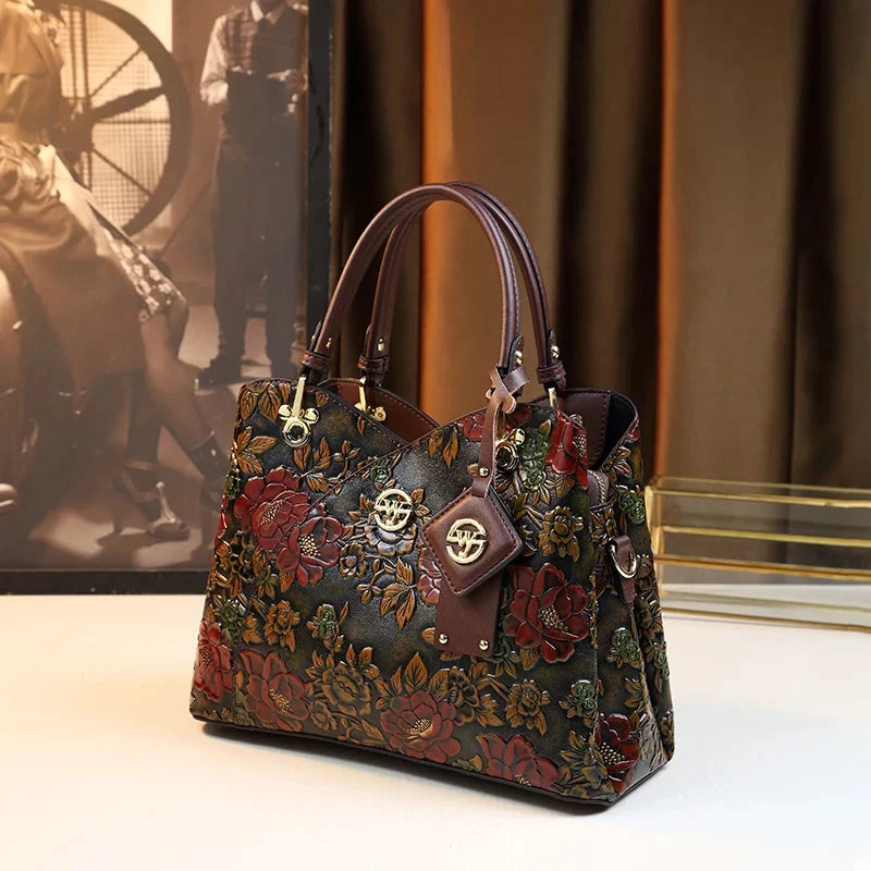 Sac à main rétro sculpté Floral en cuir noir à motif fleurs rouges et verts, LSDLBoutique