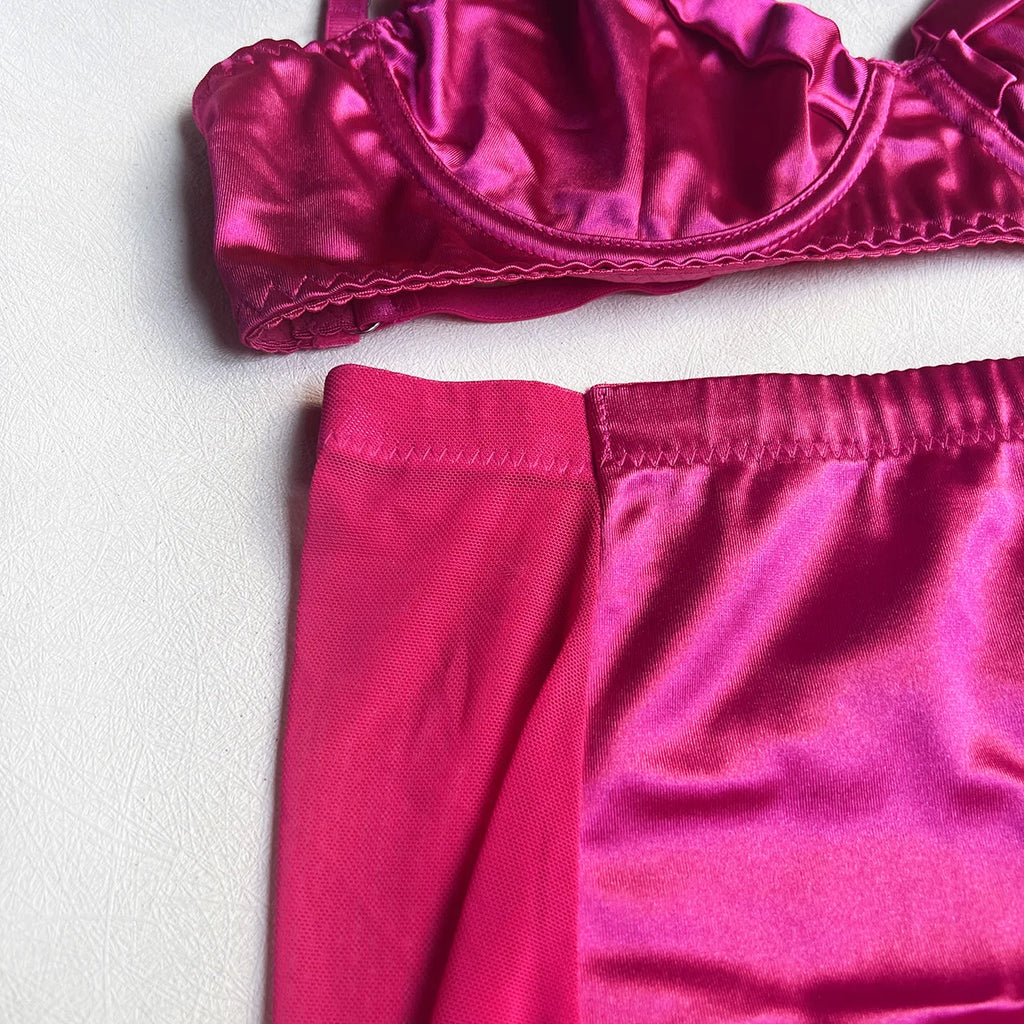 Ellolace Lingerie Satin Fin Dentelle Rouge 5Pièces