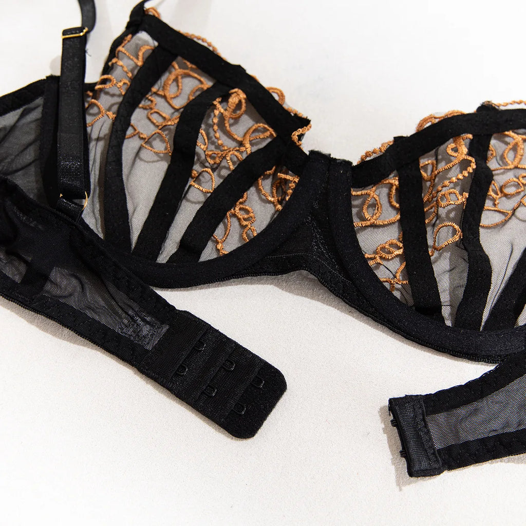 Toucheart Ensemble Lingerie 4 Pièces Dentelle Dorée Noire