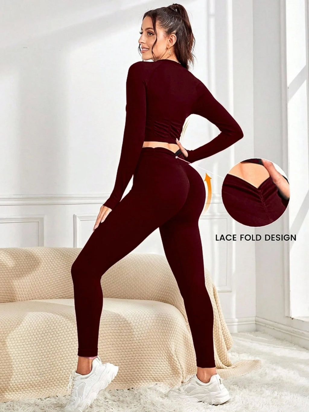 Ensemble Yoga Dentelle Sans Couture Bordeaux Haut Court Et Leggings