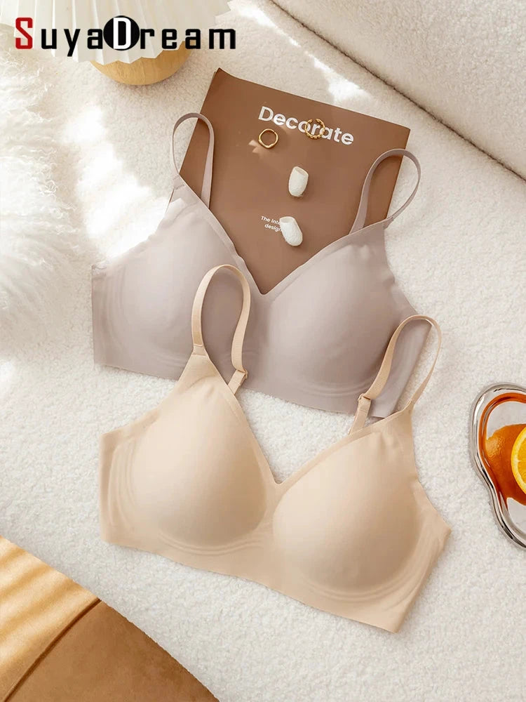 SuyaDream Soutien-Gorge Sans Couture 3/4 Tasses Beige Soie Doublure