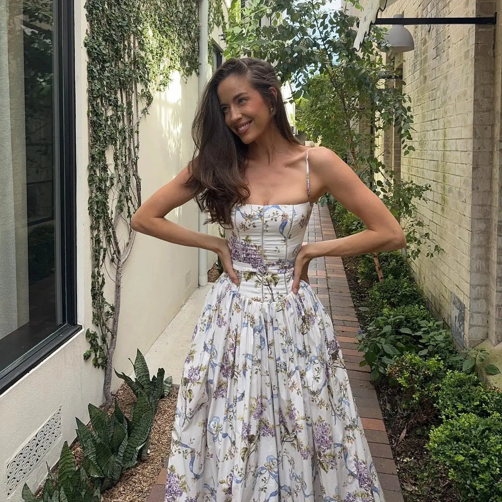 Mingmingxi Summer Elegant Floral Print Dress 2025 New Arrivals Spaghetti Strap Flared Maxi Vacation Party Dresses for Women