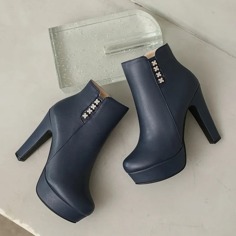 Bottines Femme Cristal Fleur Talons Hauts Zip Pour Hiver