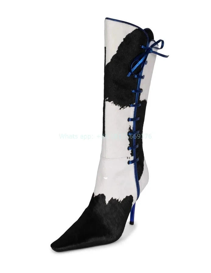 Bottes Mi-Mollet Cuir Blanc Noir Zip Latéral Bleu