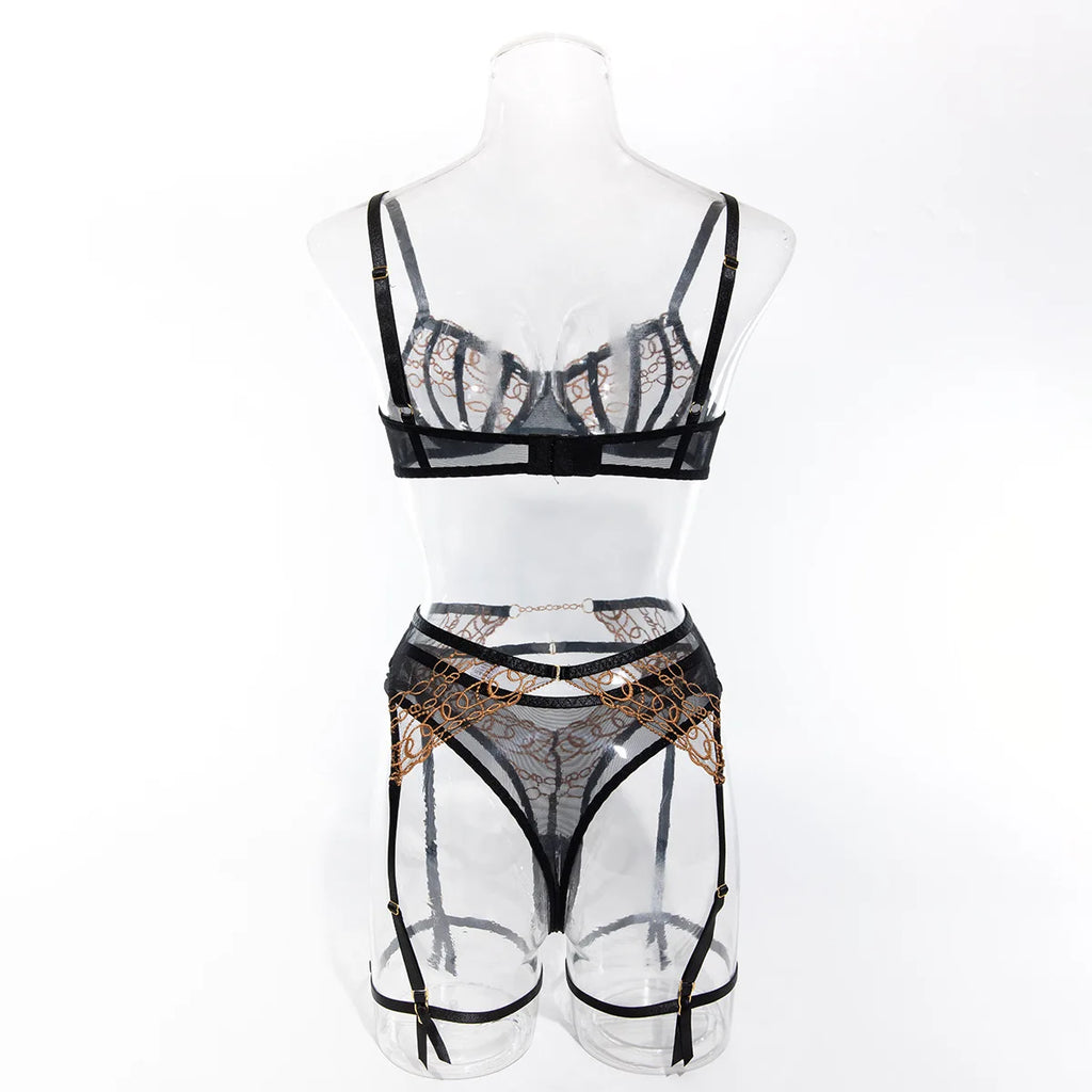Toucheart Ensemble Lingerie 4 Pièces Dentelle Dorée Noire