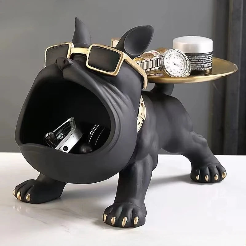 Figurine Bouledogue En Résine Avec Plateau Décor Maison