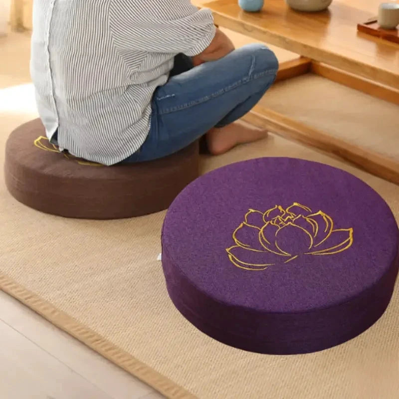Coussin Méditation Lin Yoga 40x6 cm Motif Lotus Doré Violet