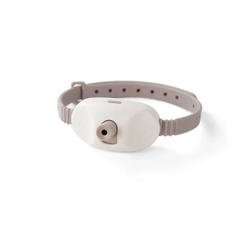 Collier laser rechargeable pour chat avec boîtier blanc cassé et sangle beige, jouet interactif infrarouge