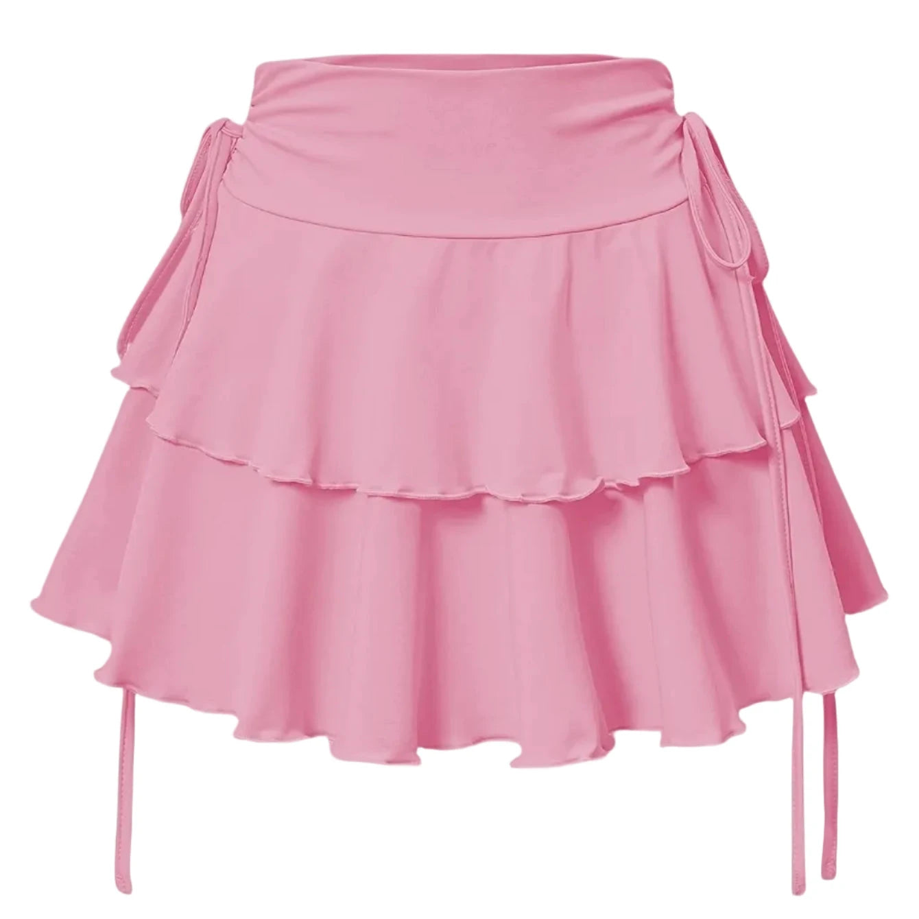 Jupe Cherry Aka rose à taille haute, évasée avec double volants et liens latéraux