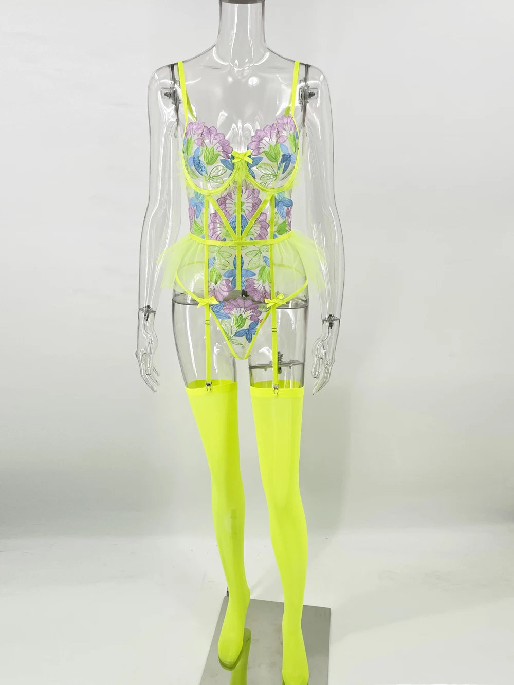 Toucheart Ensemble Lingerie Soutien-Gorge Brodé Dos Nu Jaune Néon