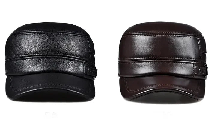 LKSORL Casquette Hiver Cuir Véritable Marron Militaire
