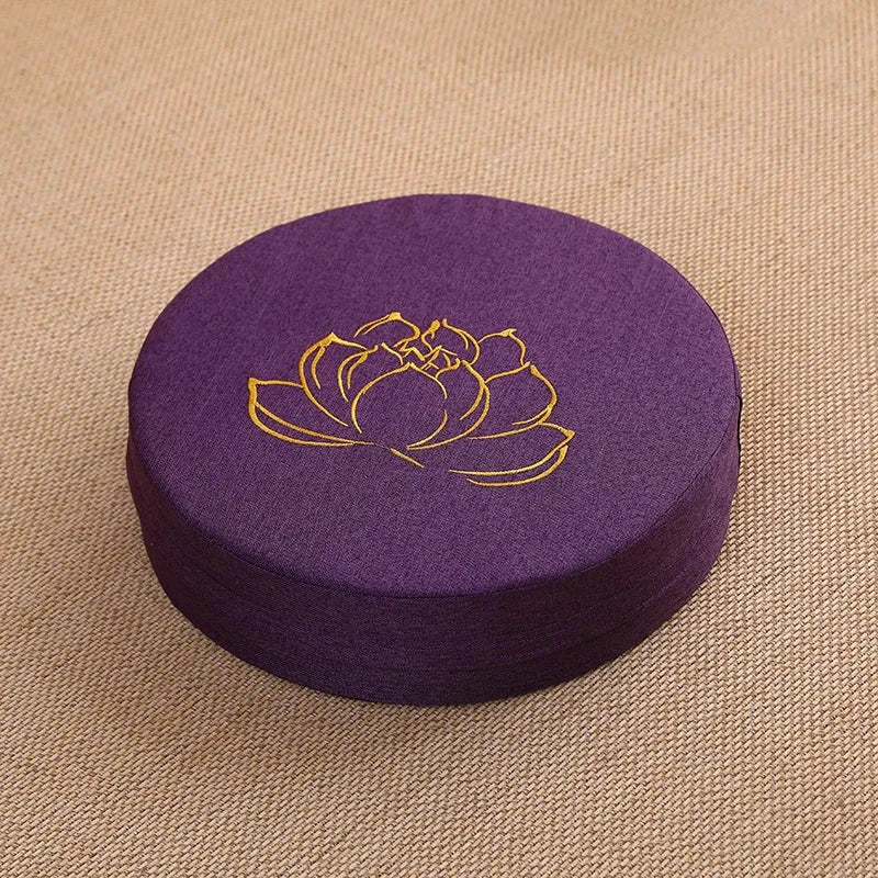Coussin Méditation Lin Yoga 40x6 cm Motif Lotus Doré Violet