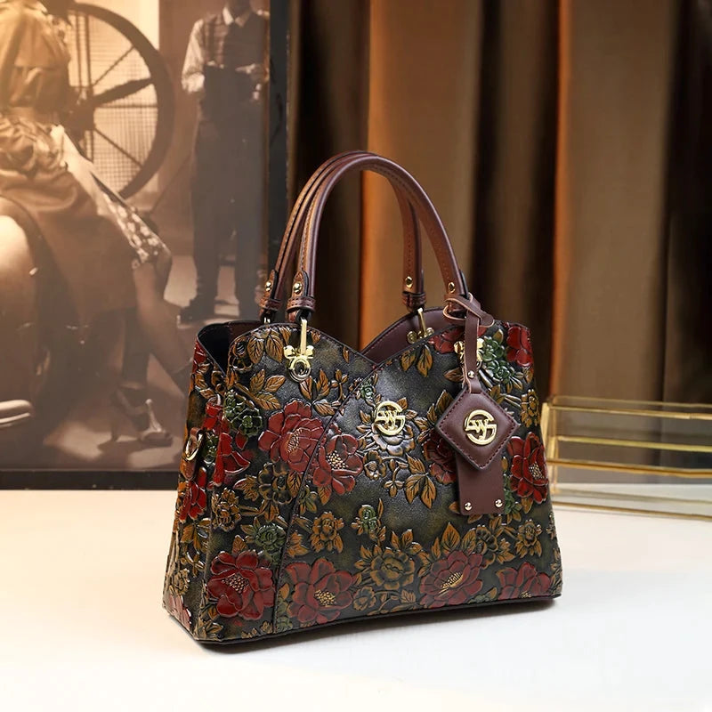 Sac à main bandoulière rétro floral en jacquard sombre, poignées cuir bordeaux et fermoirs dorés, LSDLBoutique.