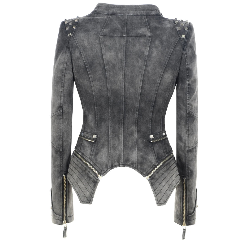 SX Veste Denim Gris Femme Moto Rivets Fermeture Éclair