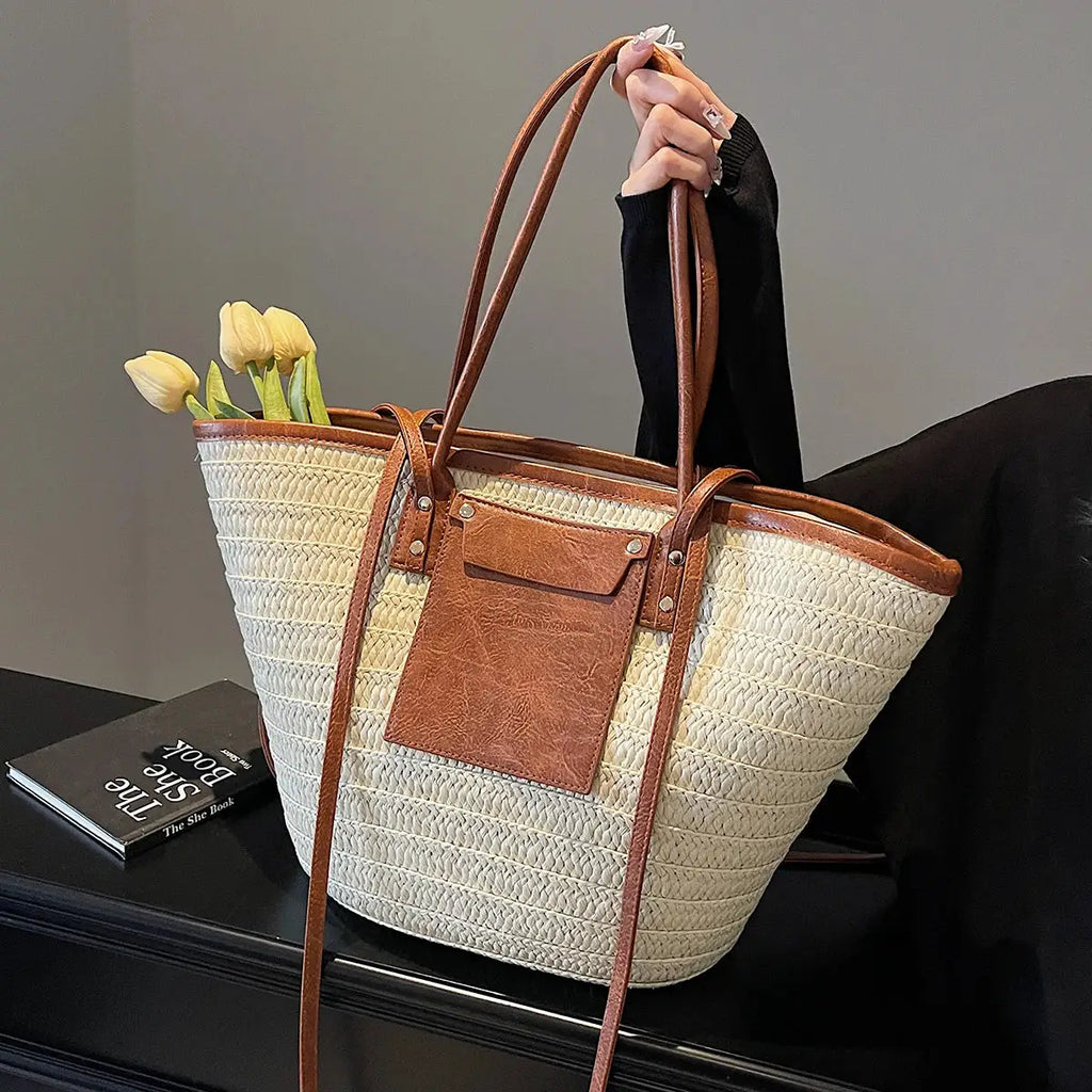 Sac cabas de plage en paille tressée