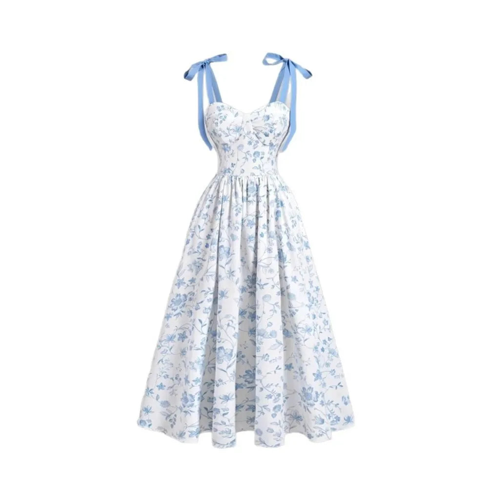 Robe mi-mollet imprimé floral bleu et blanc à bretelles fines LSDLBoutique