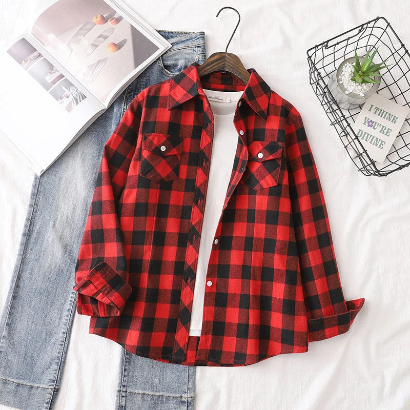 Chemise Femme Flanelle De Coton Carreaux Slim Fit Manches Longues