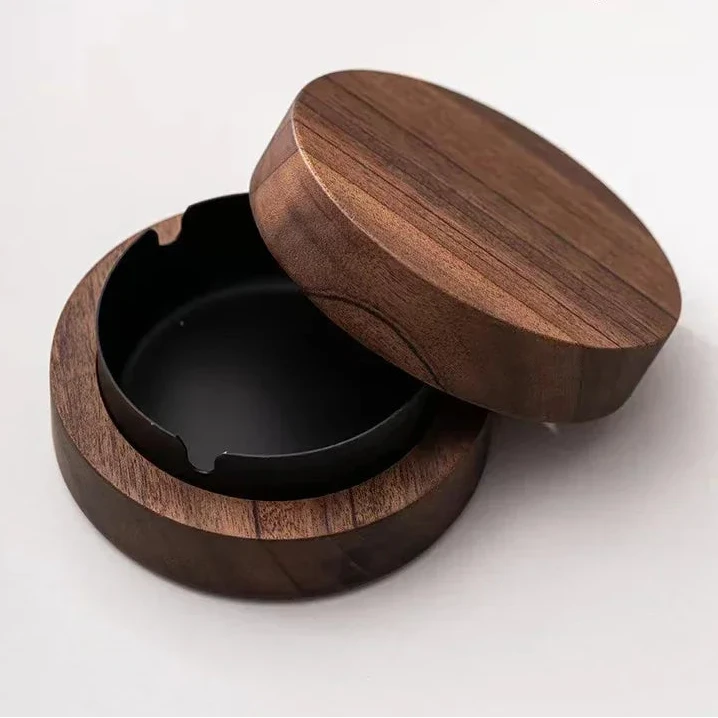 Cendrier de bureau LSDLBoutique en noyer et acier inoxydable, rond avec couvercle et insert noir