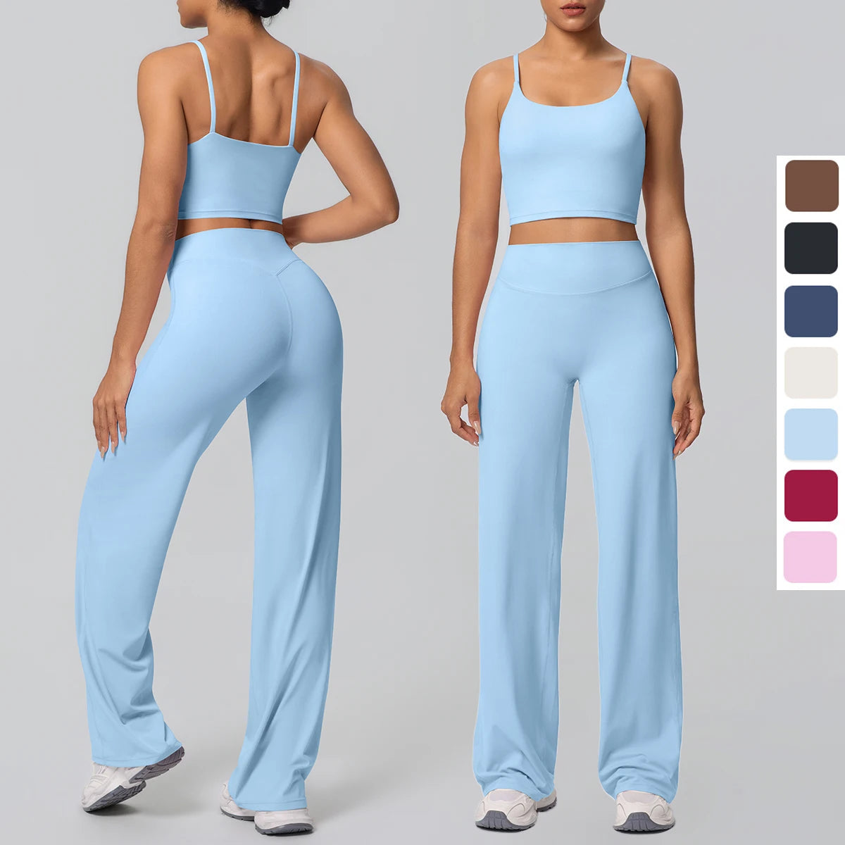 Ensemble Sport Femme Bleu Clair Dos Nu Bretelles Pantalon Taille Haute