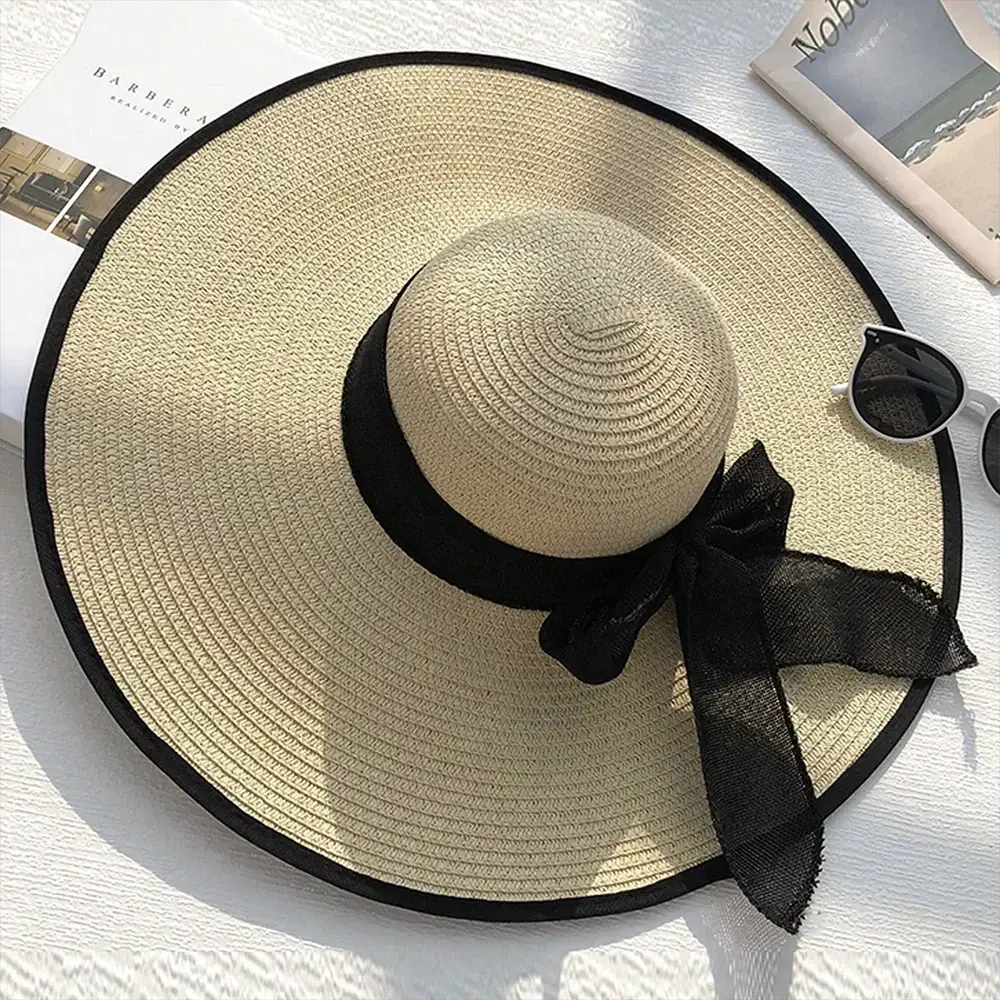Chapeau de plage en paille à grand bord et nœud décoratif - LSDLBoutique